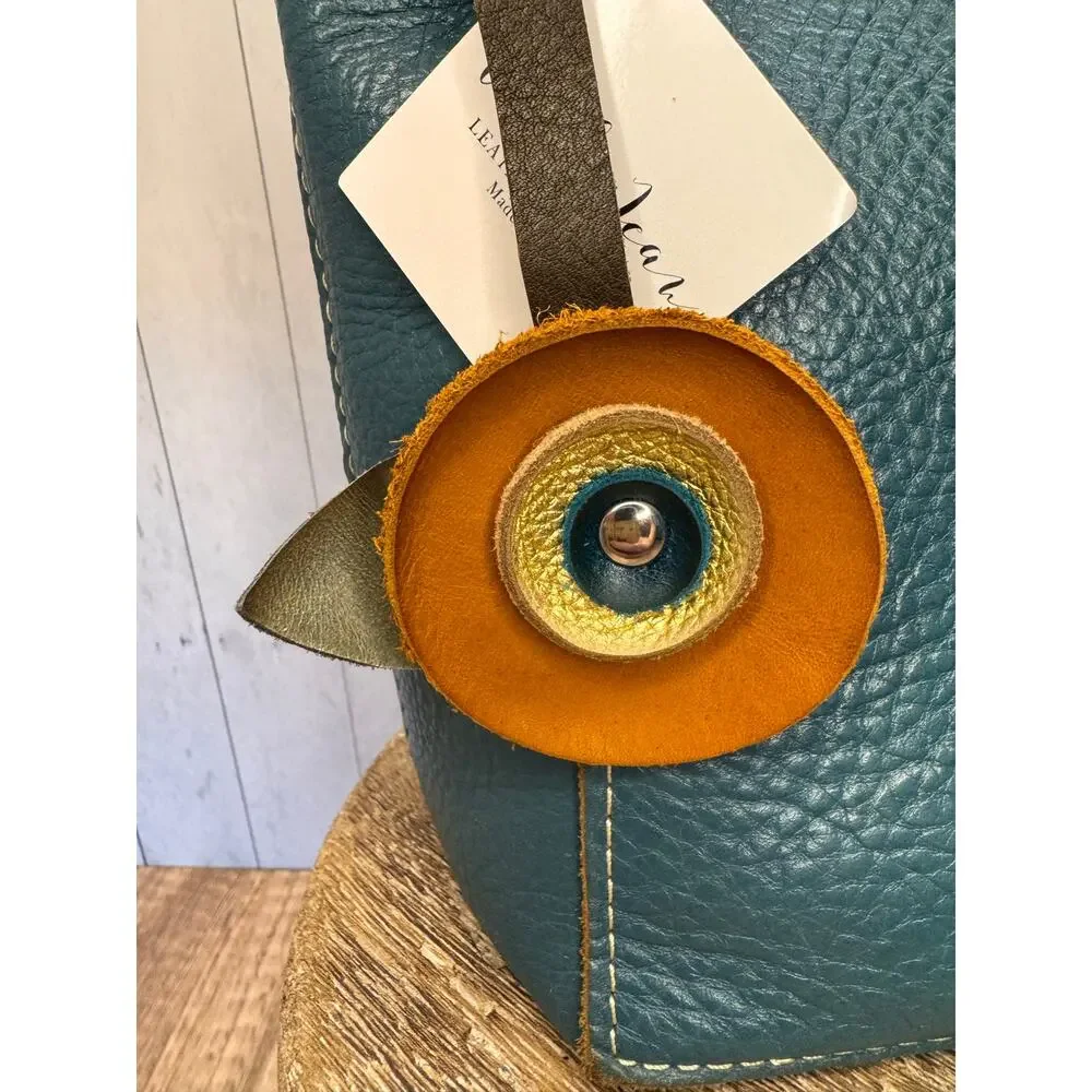 Genuine Leather Round Flower Purse Charm Brown Gold Blue Boho Bag Charm